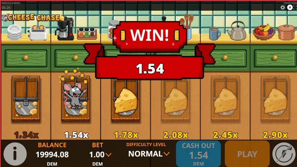 Tampilan visual retro 8-bit dari permainan slot Cheese Chase dengan karakter tikus di dapur.
