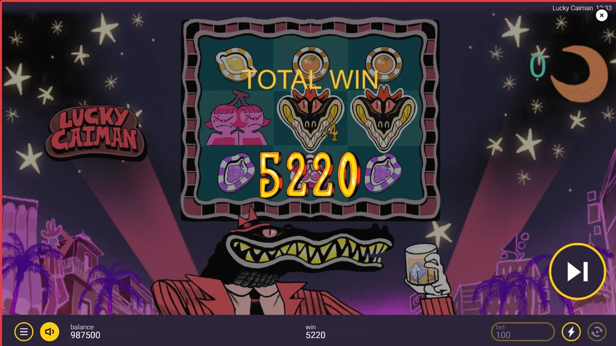 Tampilan visual slot Lucky Caiman dengan tema lounge retro dan karakter buaya.