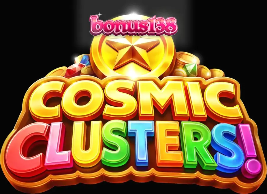 Tampilan layar permainan slot Cosmic Clusters dengan simbol alien, permata, dan latar belakang nebula ungu.